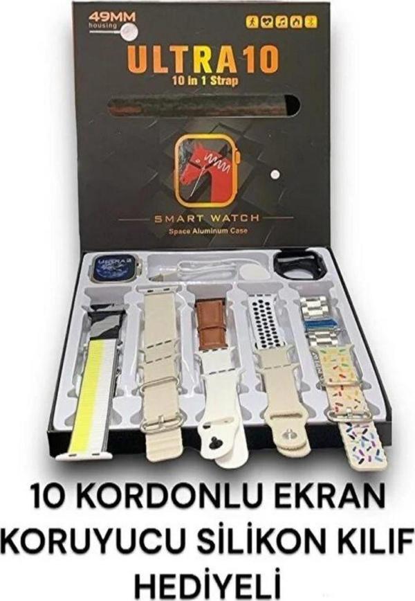 Ultra 10 Watch 49mm 10 in 1 Edition 10 Kordon + Silikon Koruyucu Kablosuz Şarj Özellikli Akıllı Saat - Image 1