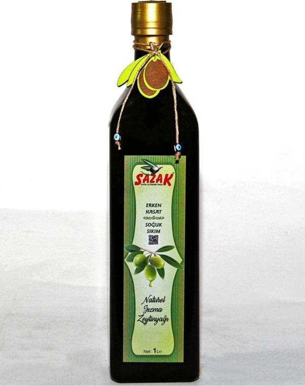 Sazak Zeytin Zeytinyağı Erken Hasat Soğuk Sıkım Zeytinyağı 1 Lt. Cam Şişe - Image 1