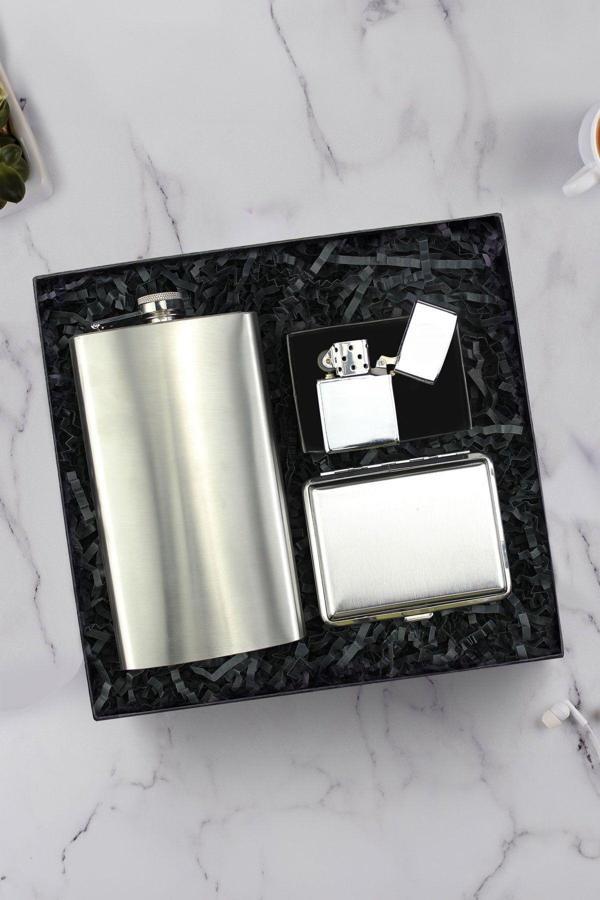 Trendmiya Çelik Cep Matarası & Metal Gümüş Renk Tabaka & Zippo Tarzı Çakmak Hediye Seti - Image 1