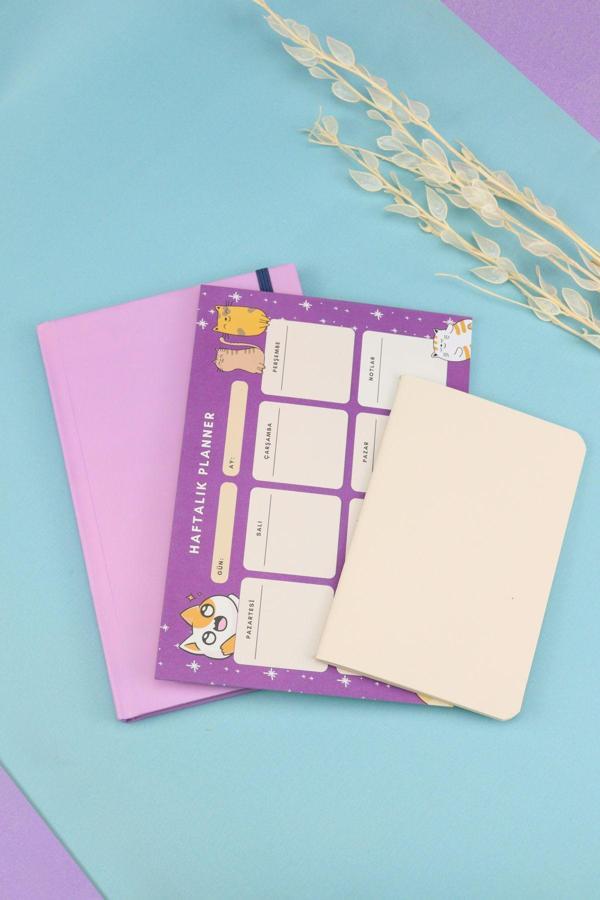 Trendmiya Mor Defter & Haftalık Planner & Dikişli Mini Not Defteri Hediye Seti - Image 1