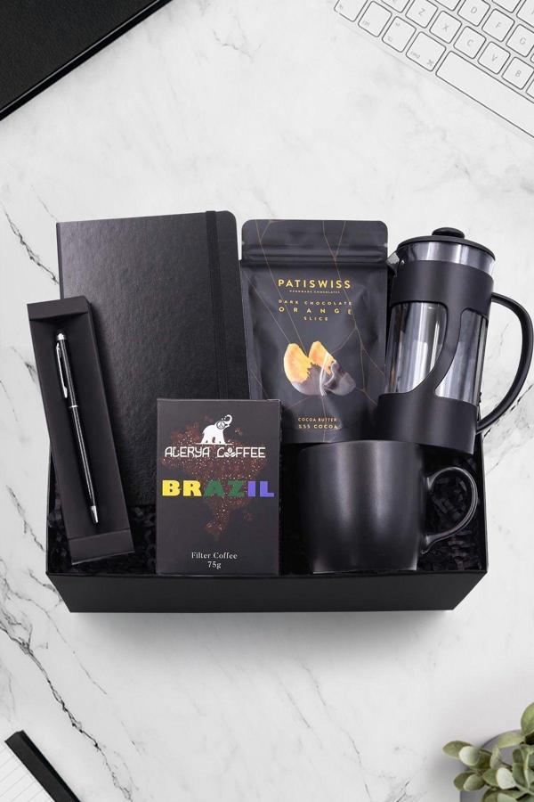 Trendmiya Defter & Touch Pen & Çikolatalı Portakal Dilimi & French Press & Mat Kupa & Filtre Kahve Hediye Seti - Image 1