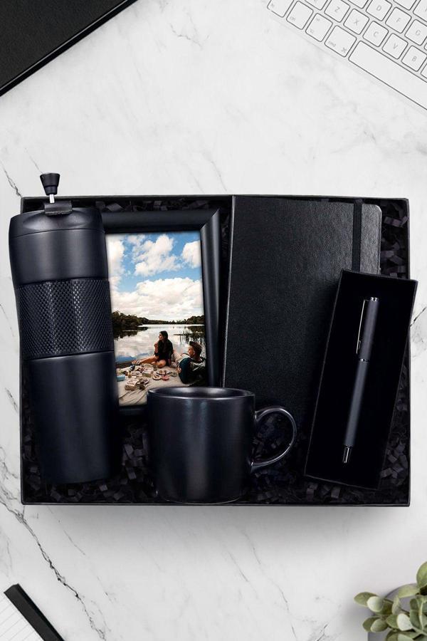 Trendmiya French Press Termos & Siyah Defter & Siyah Çerçeve & Mat Roller Kalem & Siyah Kupa Hediye Seti - Image 1