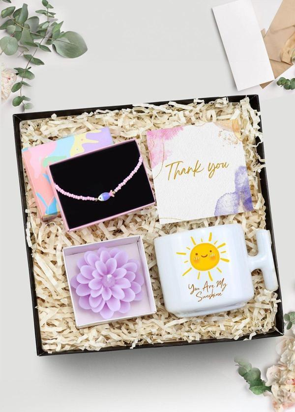 Trendmiya Güneş Tasarım T Kupa & Renkli Balık Figürlü Kolye & Lotus Mum Hediye Seti - Image 1