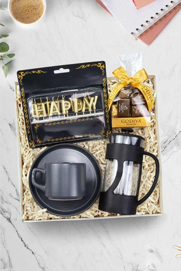 Trendmiya Happy Birthday Harf Mum & Godiva Napoliten Çikolata & Siyah French Press & Gri Fincan Hediye Seti - Image 1