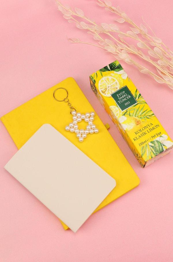 Trendmiya Sarı Defter & Mini Not Defteri & İnci Anahtarlık & Eyüp Sabri Tuncer 200Ml Kolonya Hediye Seti - Image 1