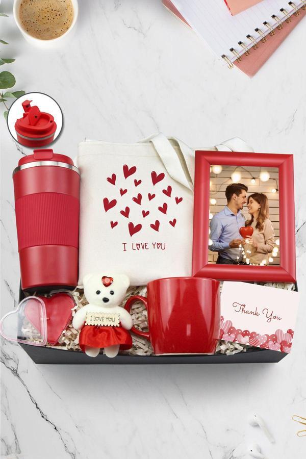 Trendmiya Kırmızı 500Ml Termos & Kırmızı Çerçeve & Bez Çanta & Kırmızı Kupa & Kalp Mum & Love Ayıcık Seti - Image 1