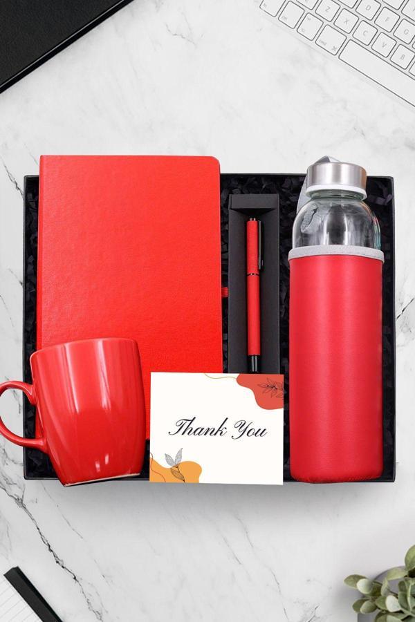 Trendmiya Kırmızı Defter & Kırmızı Mat Roller Kalem & Kırmızı Kupa & 500 Ml Kırmızı Su Matarası Hediye Seti - Image 1