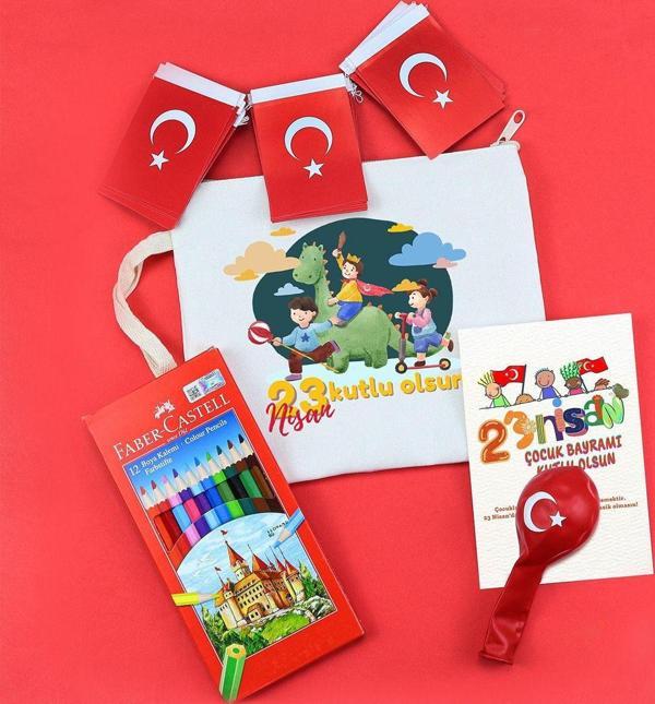 Trendmiya 23 Nisan Tasarımlı Ham Bez Çanta & 12'Li Boya Kalemi & Balon & Asma Türk Bayrağı Hediye Seti - Image 1
