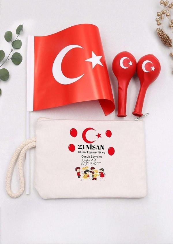 Trendmiya 23 Nisan'A Özel Türk Bayrağı & Ham Bez El Çantası & 2'Li Balon Hediye Seti - Image 1