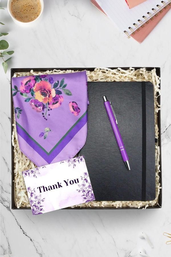 Trendmiya Siyah Defter & Mor Fular & Gümüş Renk Detaylı Mor Tükenmez Kalem Hediye Seti - Image 1