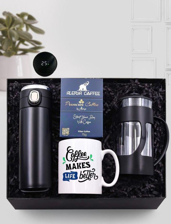 Trendmiya Kupa & 450 Ml Kilitli Dereceli Termos & Siyah French Press & Premium Filtre Kahve Hediye Seti - Image 1
