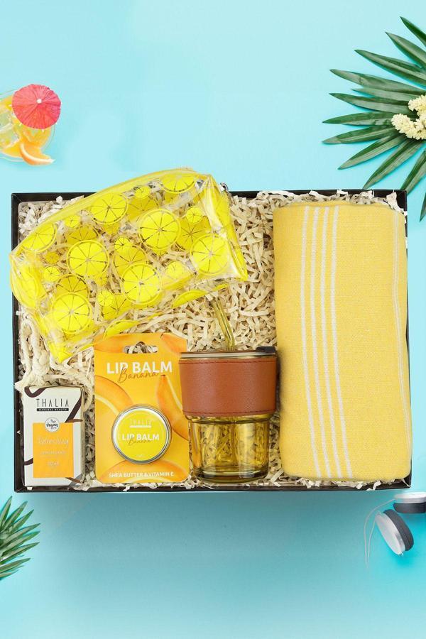 Trendmiya Limon Desenli Şeffaf Çanta & Vegan Sabun & Lipbalm & Peştemal & Pipetli Cam Bardak Hediye Seti - Image 1
