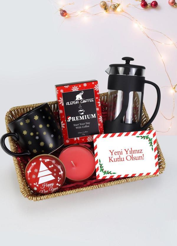 Trendmiya Mat Kupa & Alerya Yılbaşı Filtre Kahve & Siyah French Press & Mum Hediye Seti - Image 1