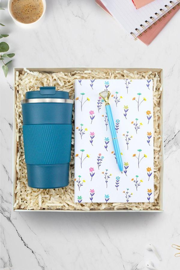 Trendmiya Mavi 500 Ml Çelik Termos & Diamond Kalem & Beyaz Çiçekli Defter Hediye Seti - Image 1