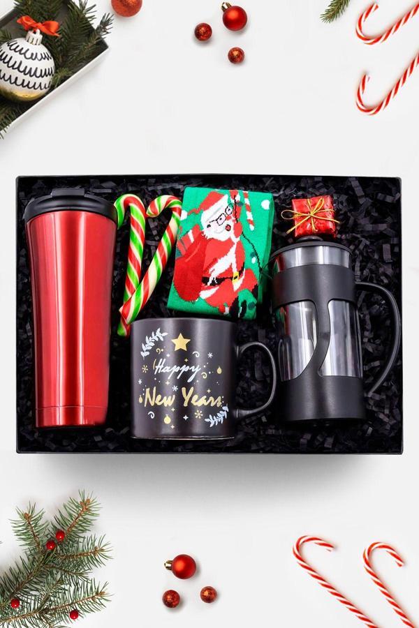 Trendmiya 500Ml Çelik Termos & Kupa & Siyah French Press & Yılbaşı Çorabı & 2'Li Baston Şeker Hediye Seti - Image 1