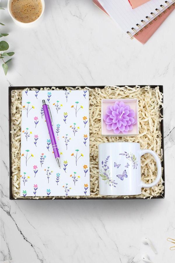 Trendmiya Beyaz Çiçekli Defter & Gümüş Renk Detaylı Mor Tükenmez Kalem & Kelebek Kupa & Lotus Mum Hediye Seti - Image 1