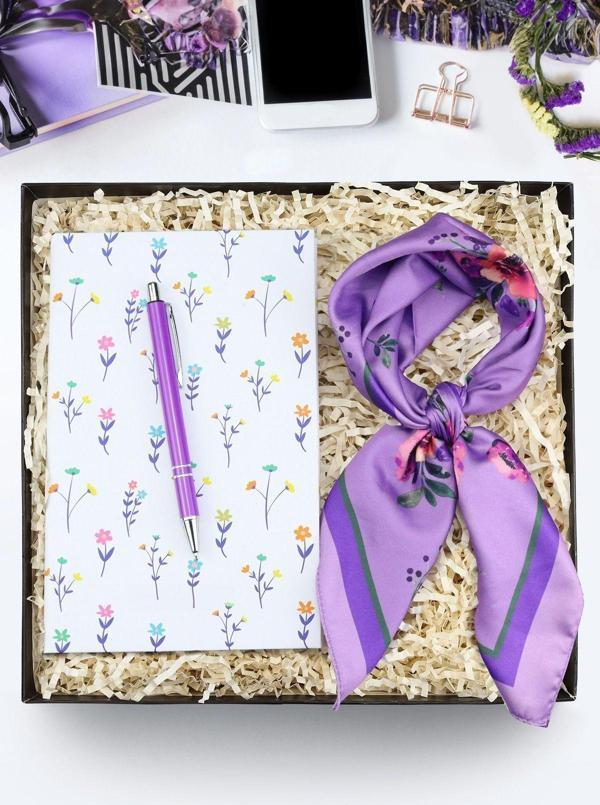 Trendmiya Beyaz Çiçekli Defter & Mor Tükenmez Kalem & Mor Çiçekli Fular Hediye Seti - Image 1