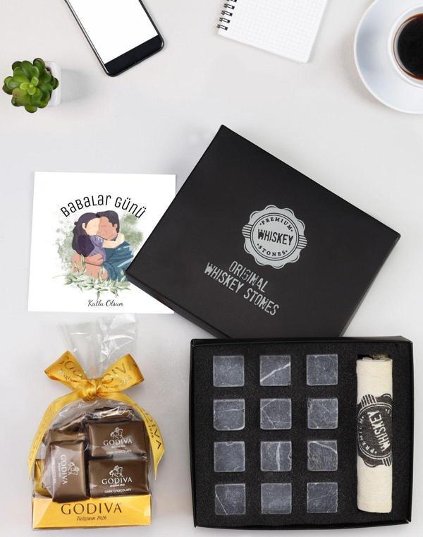 Trendmiya Babalar Gününe Özel Viski Soğutma Taşı & Godiva Napoliten Çikolata Hediye Seti - Image 1