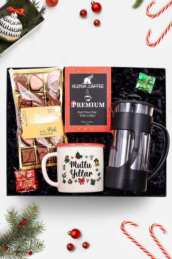 Trendmiya Mutlu Yıllar & Siyah French Press & Alerya Yılbaşı Premium Filtre Kahve & Vela Çikolata Hediye Seti - Image 1