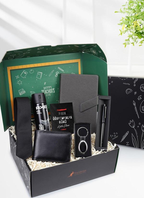 Trendmiya Öğretmene Özel Kalem & Gri Defter & Anahtarlık & Deodorant & Suni Deri Cüzdan & Kravat Hediye Seti - Image 1