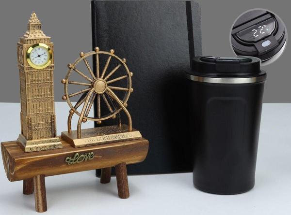 Trendmiya Siyah Defter & 380 Ml Siyah Kaydırmaz Dereceli Termos & London Big Ben Biblo Hediye Seti - Image 1
