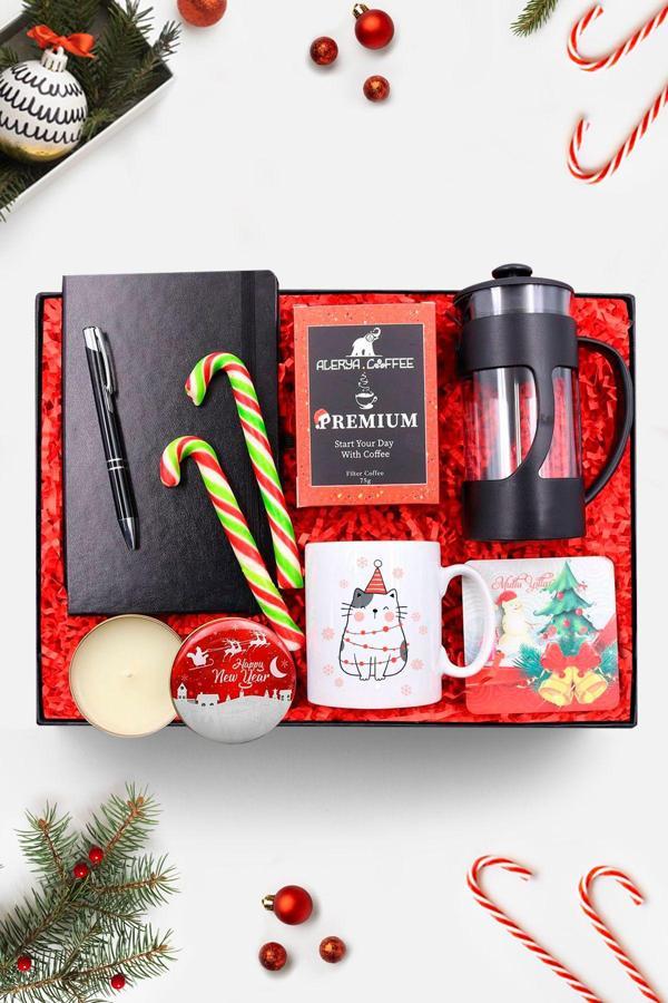 Trendmiya Defter & Kalem & Kupa & French Press & Mum & Bardak Altlığı & Alerya Kahve & Şeker Hediye Seti - Image 1