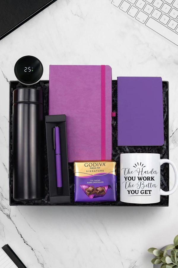 Trendmiya Siyah Dereceli Termos & Mor Defter-Not Defteri & Mor Roller Kalem-Godiva Çikolata & Kupa Hediye Seti - Image 1