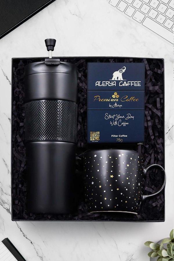 Trendmiya Siyah French Press Çelik Termos Yıldız Desenli Kupa & Premium Filtre Kahve Hediye Seti - Image 1