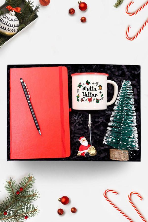 Trendmiya Defter & Touch Pen & Çam Ağacı & Mutlu Yıllar Temalı Vintage Kupa & Masa Üstü Not Tutucu Hediye Seti - Image 1