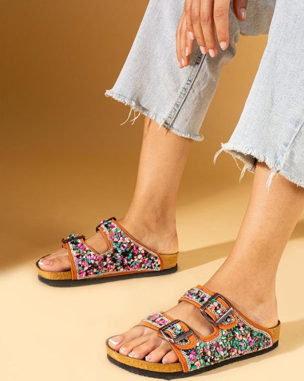 Pembe Potin Renkli Doğal Taşlı Çift Tokalı Anatomik Taban Kadın Terlik 51-605-24 - Image 1