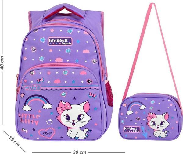 Waddell Lisanslı Lila Kedi Desenli İlkokul Sırt Çantası Ve Beslenme Çantası - Image 1
