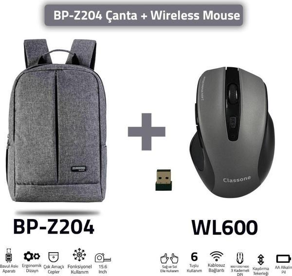 Classone BP-Z204-WL600 Mouse -15.6" Su Geçirmez Kumaş Laptop ,notebook Sırt Çantası Gri+Kablosuz Mou - Image 1
