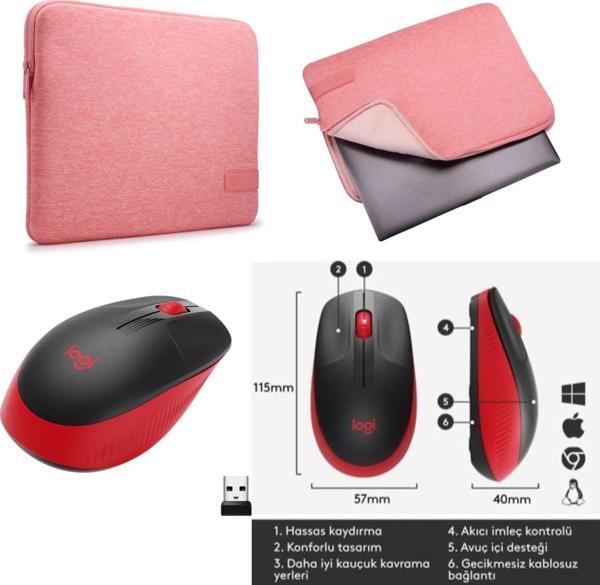 Case Logic Reflect Pembe 35,6 Cm 14 inç+Logitech m191 Siyah Kırmızı Mouse Set - Image 1