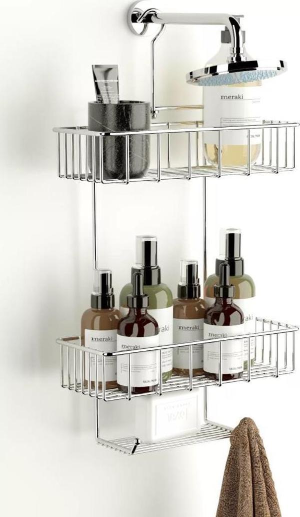 Duş Borusuna Asılabilir Kancalı İki Katlı Banyo Raf  Krom BK-0068 - Image 1