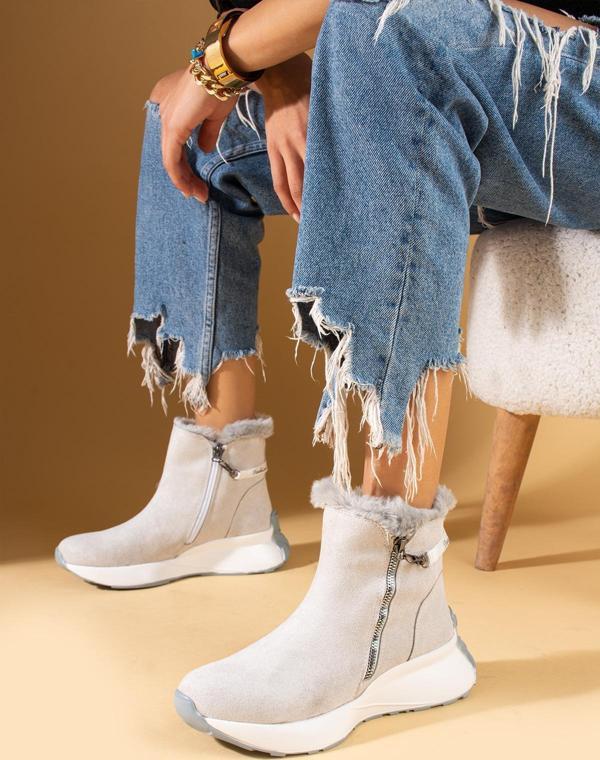 Pembe Potin Fermuarlı Esnek Taban İçi Yünlü Spor Kadın Bot 68-162-24Süet - Image 1