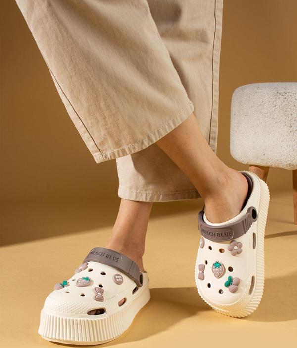 Pembe Potin Yüksek Taban Jibbitzli Eva Comfort Kadın Sandalet DNZ224-24Krem Vizon - Image 1
