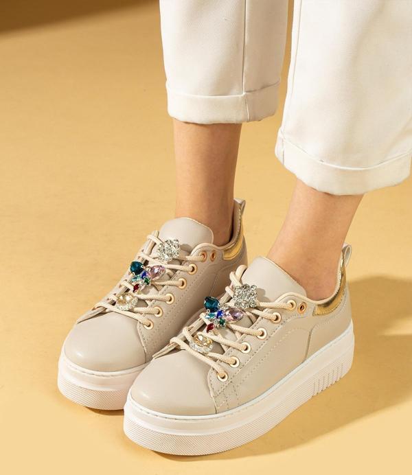 Pembe Potin Poli Anatomik Taban Taş Detay Bağcıklı Kadın Sneaker 36-177-24 - Image 1