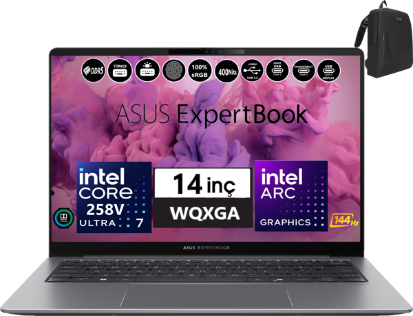 Asus Expertbook P5405CSA-WI7321TBS0D Intel Ultra 7 258V Aı 32GB 2tb SSD Arc 140V Freedos 14" Wqxga 400NIT IPS Taşınabilir Bilgisayar WI7321TBS0D03 + Zetta Çanta - Image 1