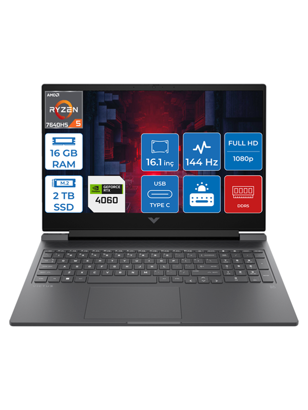 HP Victus 16-S0035NT Ryzen 5 7640HS 16GB Ddr5 2tb SSD 8GB/RTX4060/120W Freedos 16.1" Fhd IPS 144Hz Taşınabilir Bilgisayar HP7Z5Z2EAF02 + Zetta Çanta - Image 1