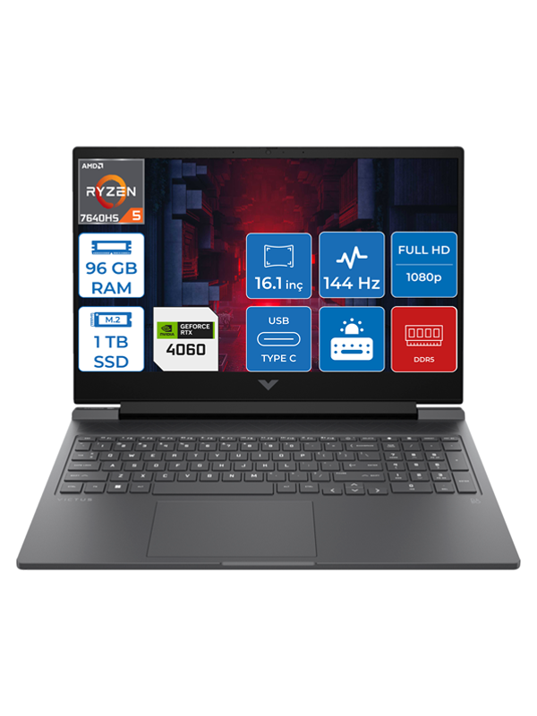 HP Victus 16-S0035NT Ryzen 5 7640HS 96GB Ddr5 1tb SSD 8GB/RTX4060/120W Freedos 16.1" Fhd IPS 144Hz Taşınabilir Bilgisayar HP7Z5Z2EAF21 + Zetta Çanta - Image 1