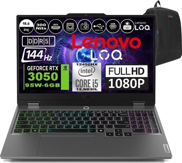 Lenovo Loq 15IAX9 Intel Core I5 12450HX 16GB Ddr5 2tb SSD RTX3050 6gb 95W 15.6" 144HZ 300NITS IPS Freedos Taşınabilir Bilgisayar 83GS0099TRF03 + Zetta Çanta - Image 1