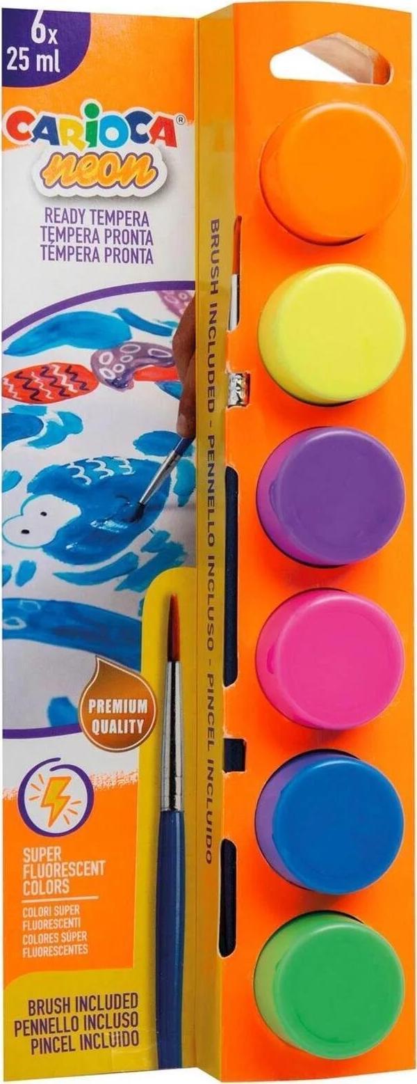 Carioca Tempera Suluboya Süper Yıkanabilir Fırçalı 25 ML 6 Renk Fosforlu - Image 1