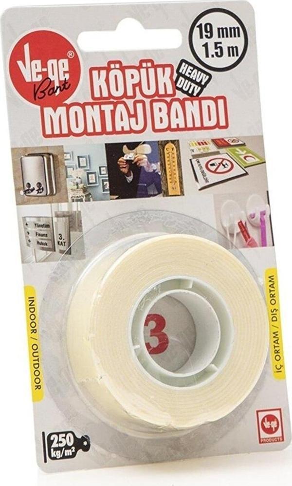 Ve-Ge Çift Taraflı Köpük Bant 19 MM x 1.5 Metre Köpük Montaj Bantı (48 Li Paket) - Image 1