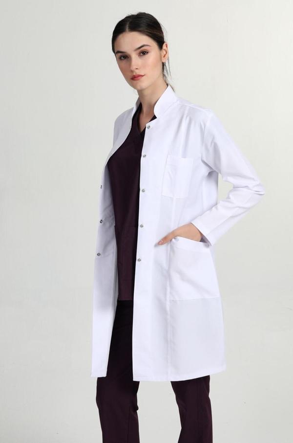 Başak Önlük Kadın Uzun Hakim Yaka Doktor Hemşire Öğretmen Önlüğü Beyaz - Image 1