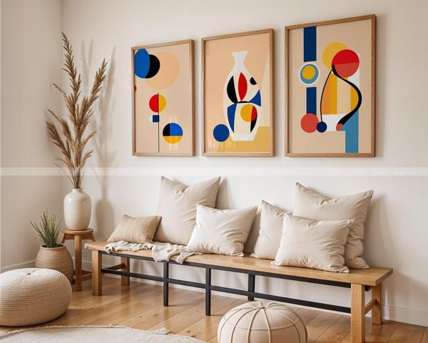 Soyut Sanat 3 Parçalı Ahşap Çerçeveli Tablo Seti - Modern Minimalist Tasarım - Image 1