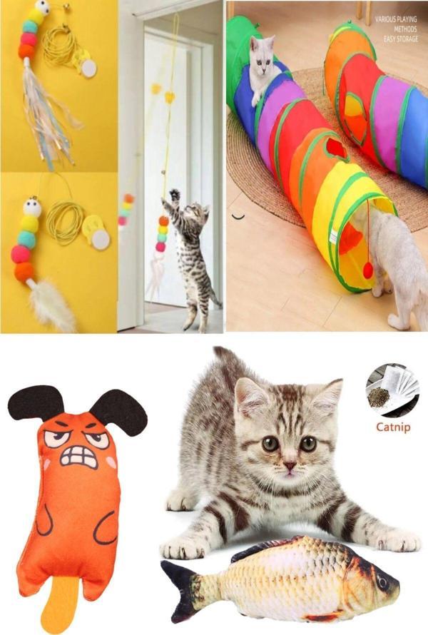 Tineke Oyun Seti Kedi Tüneli 1 Ad Elastik Olta 1 Ad  Peluş Balık Sazan 1 Ad  Peluş Fare Turuncu 1 Ad - Image 1