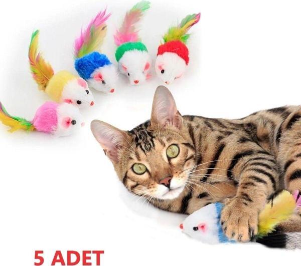 Tineke Renkli Tüylü Gerçekci Fare Kedi Oyuncağı 5 Adet - Image 1