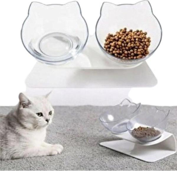 Tineke Standlı Kedi Kafalı Mama Kabı Şeffaf 2 Li - Image 1