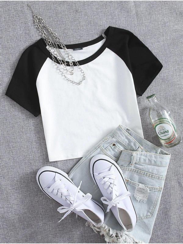 Mad&Calf Kadın Garnili Kısa Kollu Crop Tshirt Ekru - Siyah L - Image 1