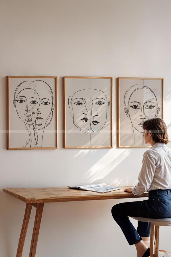 Minimalist Çizgi Sanatı 3 Parçalı Ahşap Çerçeveli Tablo Seti - Yüzler ve İfadeler-21x30 - Image 1